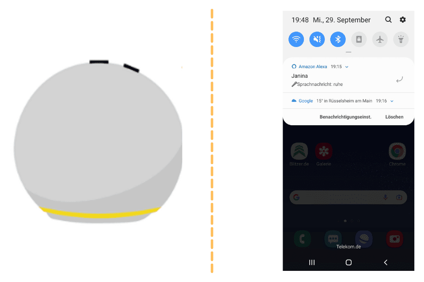 Wenn Du mit Alexa eine Nachricht erhältst, leuchtet Dein Echo Gerät gelb und Du bekommst gleichzeitig eine Nachricht in Deiner Amazon Alexa App